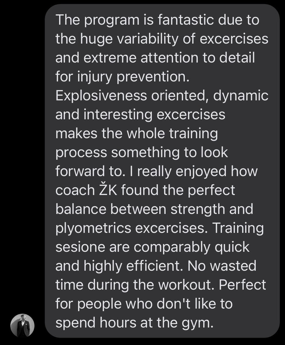 Athlete testimonial praising the variety of exercises, focus on explosiveness, balance between strength and plyometric training, efficient sessions, and detailed coaching.