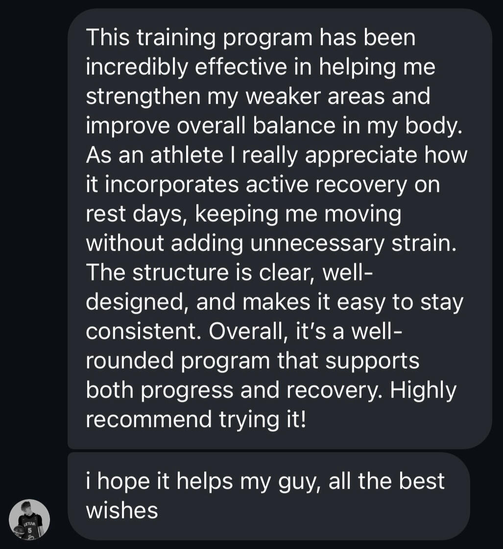 Athlete testimonial describing improvements in weaker areas and overall balance, appreciation for active recovery, clear program structure, and consistency.