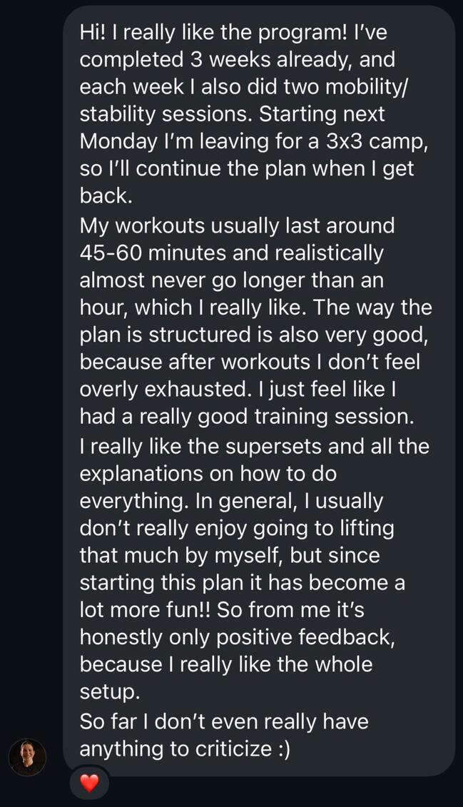 Athlete testimonial describing positive feedback on the Court Ready program, including 45-60 minute workouts, mobility and stability sessions, supersets, exercise explanations, and efficient training.